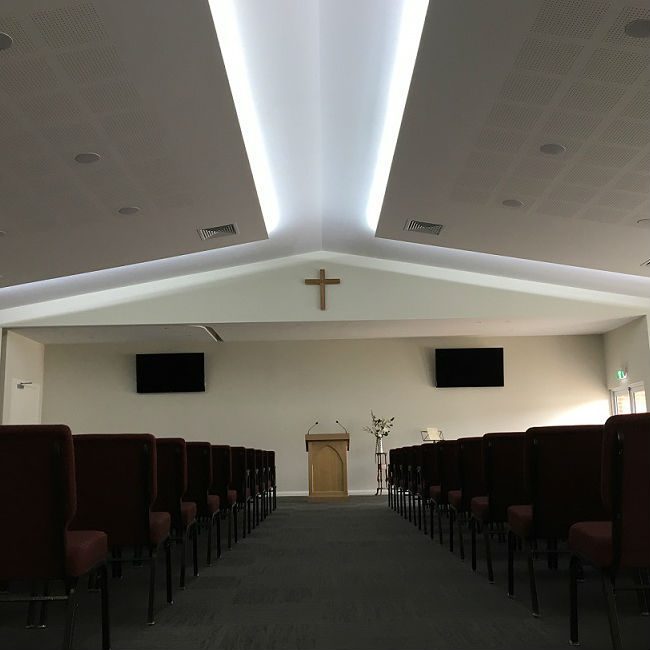 Inside of church after renovations with new ceiling systems.