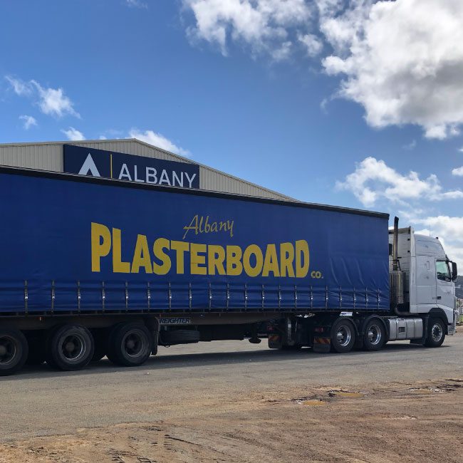 Photo of Albany Plasterboard truck with enclosed 14.5m trailer